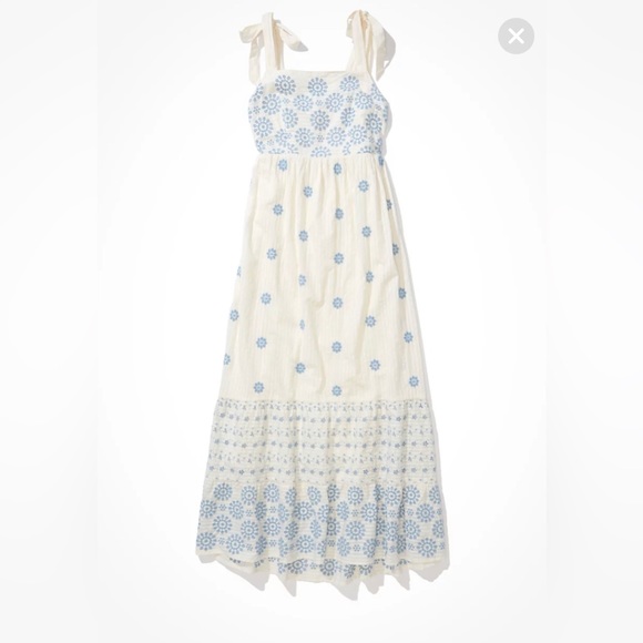 American Eagle Shoulder Tie Maxi Dress. Cream with Blue Details. Size Small. - Picture 3 of 9